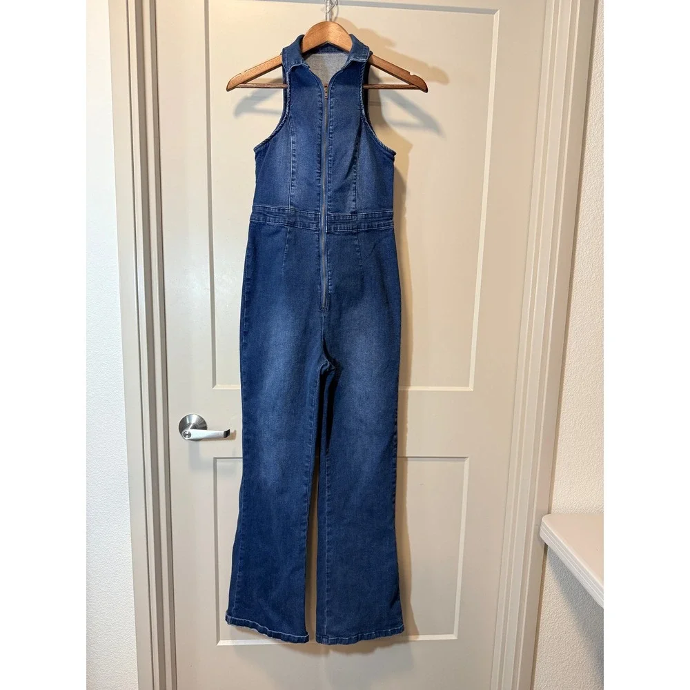Women's Retro High‎ Waist Flare Leg Denim Jumpsuit Zip Front Size Large